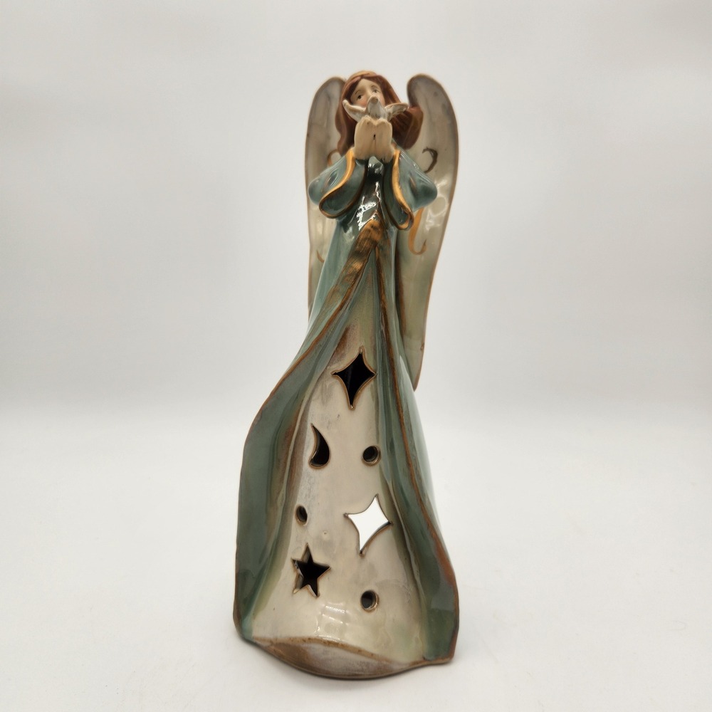 Porcelain Angel & Dove Candle Holder Teal Cape Cream Robe Star Cutouts Gold Trim